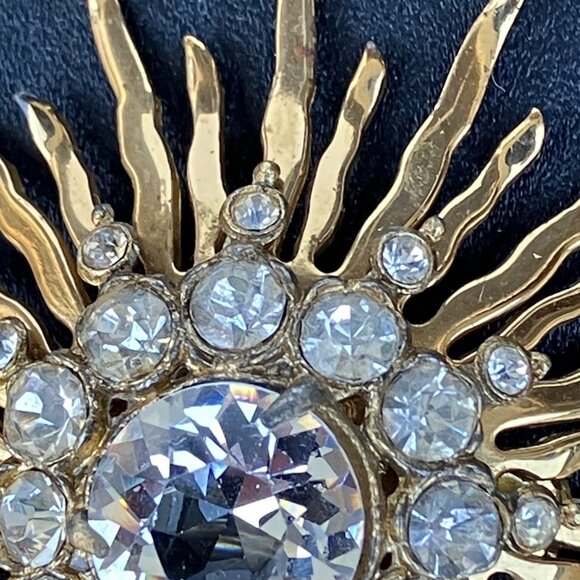 Gold Tone Clear Rhinestone Sunburst Brooch Jewelry - Picture 5 of 11